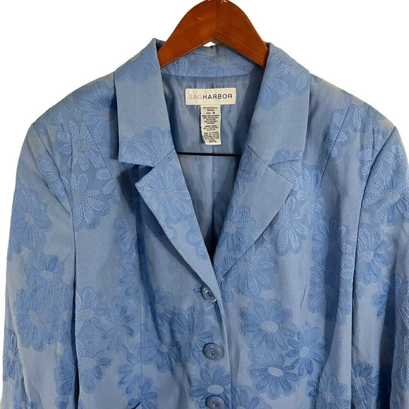 Sag Harbor Light Blue Floral Blazer Button Up Jacket Womens 18 Shoulder Pads - Picture 2 of 12